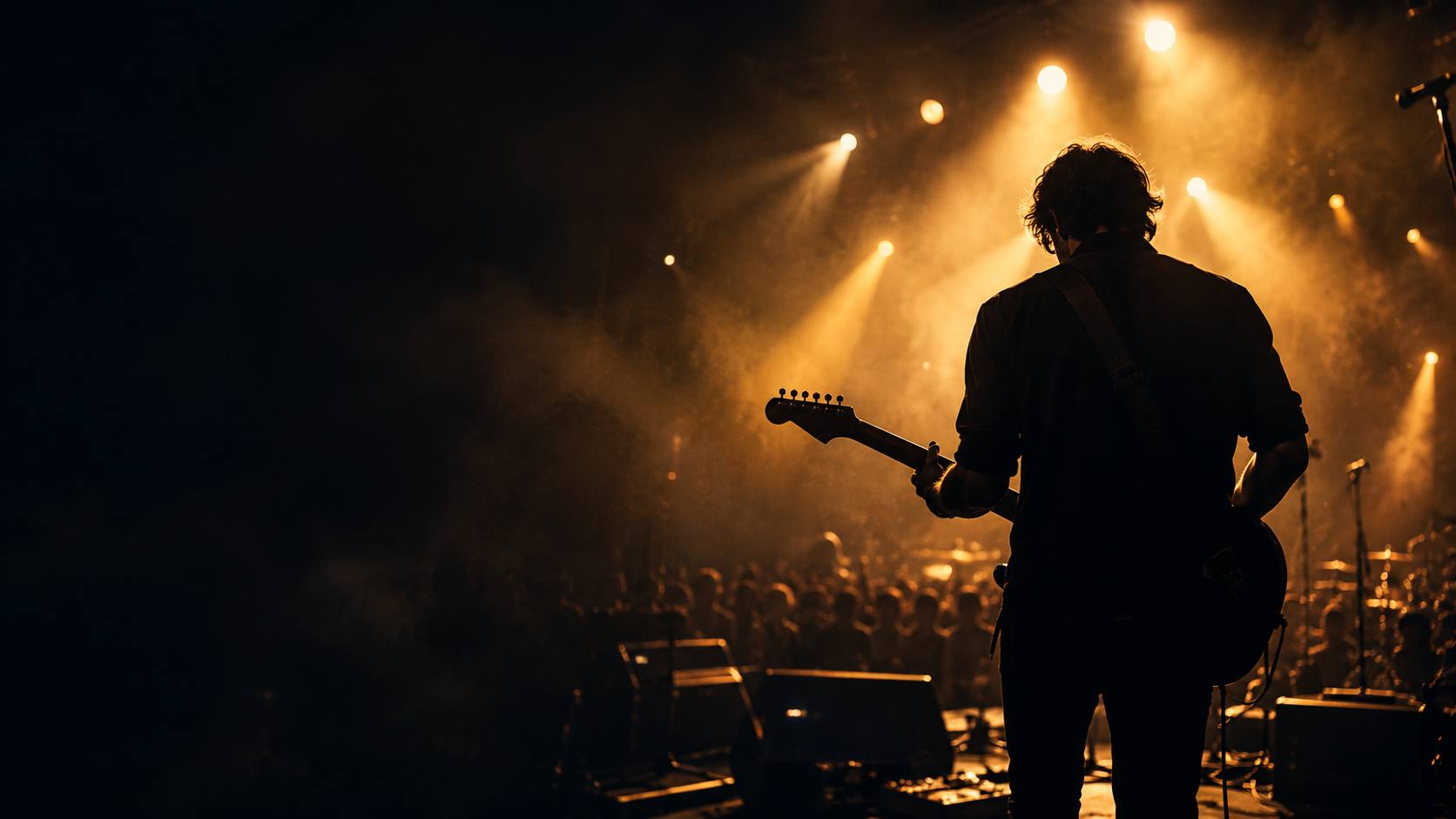 Gitarzysta od tyłu na scenie w snopach bursztynowego światła, przed nim tłum w dymie